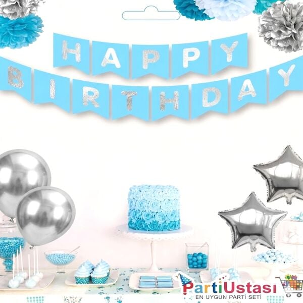 Yazi Varakli Zarf Banner Happy Mavi Gumus 2039 Min