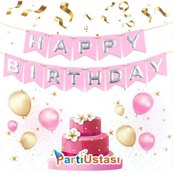 Yazi Varakli Zarf Banner Happy Pembe Gumus 1939 Min