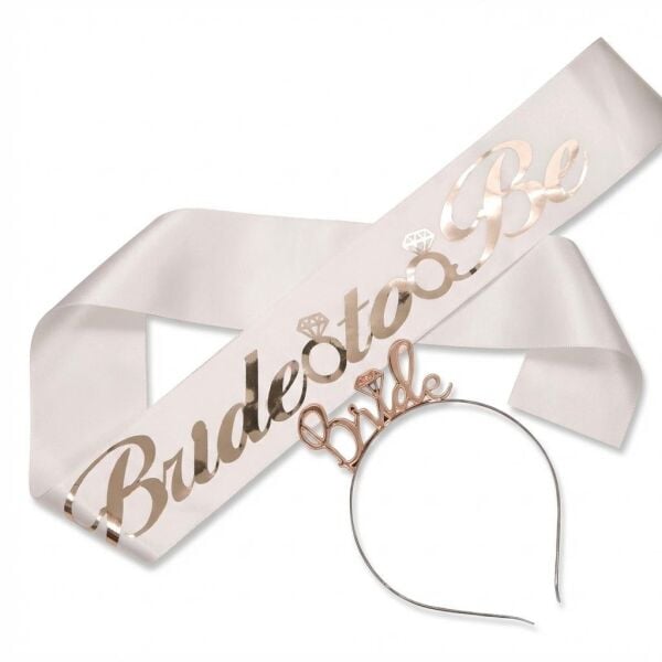 Set Tac Metal Kusak Bride Beyaz Zemin Rose Yazi 2854 Min